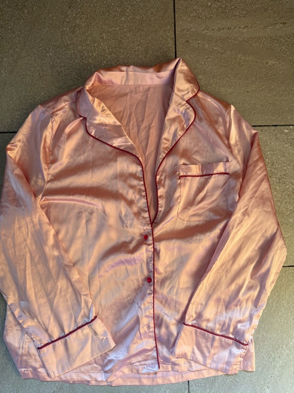 Pink satin pyjama set with red piping. Size M #loungewear #cozy #sleepwear